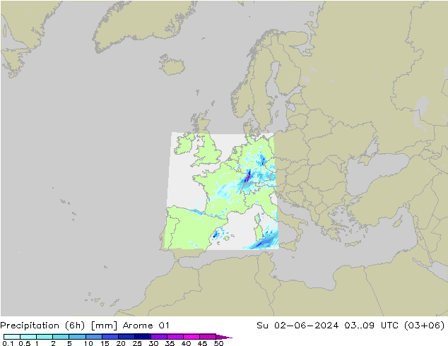 осадки (6h) Arome 01 Вс 02.06.2024 09 UTC