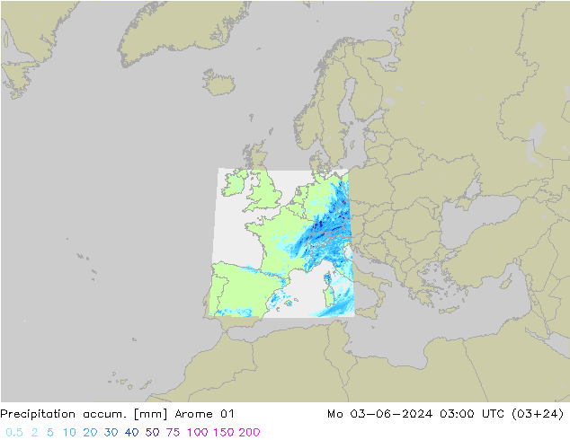 Precipitation accum. Arome 01 Seg 03.06.2024 03 UTC