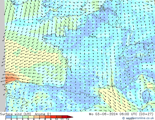 Bodenwind (bft) Arome 01 Mo 03.06.2024 06 UTC