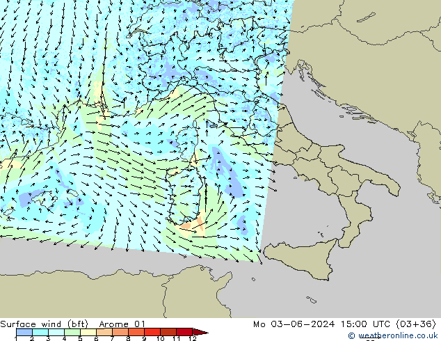 Viento 10 m (bft) Arome 01 lun 03.06.2024 15 UTC