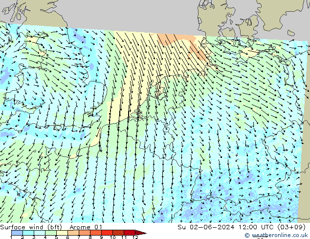 Surface wind (bft) Arome 01 Su 02.06.2024 12 UTC