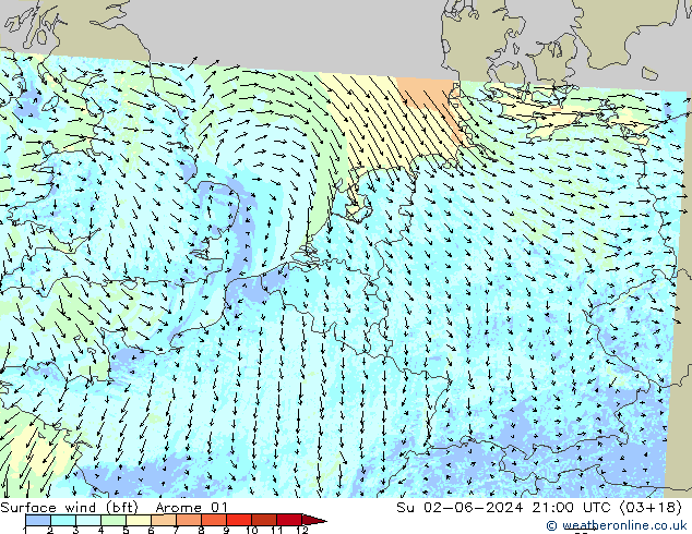 Surface wind (bft) Arome 01 Ne 02.06.2024 21 UTC