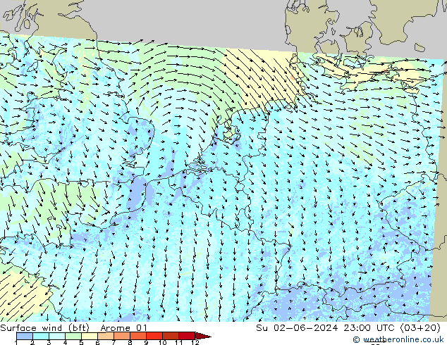 Bodenwind (bft) Arome 01 So 02.06.2024 23 UTC