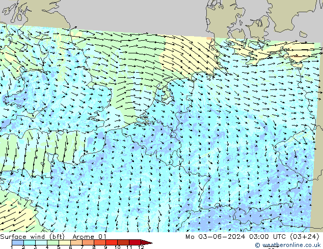 Surface wind (bft) Arome 01 Po 03.06.2024 03 UTC