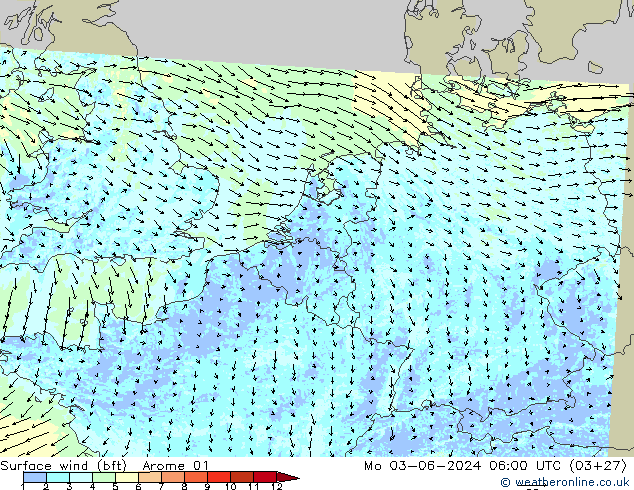 Surface wind (bft) Arome 01 Po 03.06.2024 06 UTC