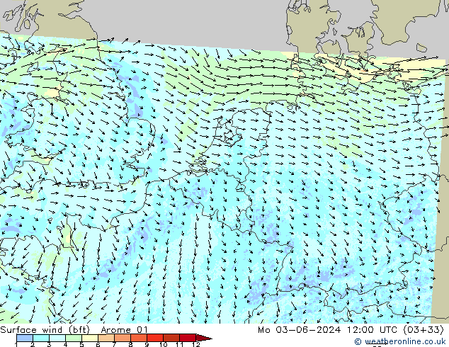 Surface wind (bft) Arome 01 Po 03.06.2024 12 UTC