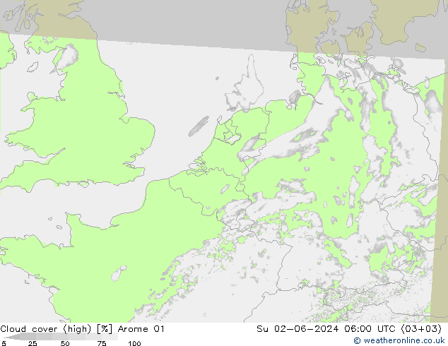 Cloud cover (high) Arome 01 Su 02.06.2024 06 UTC