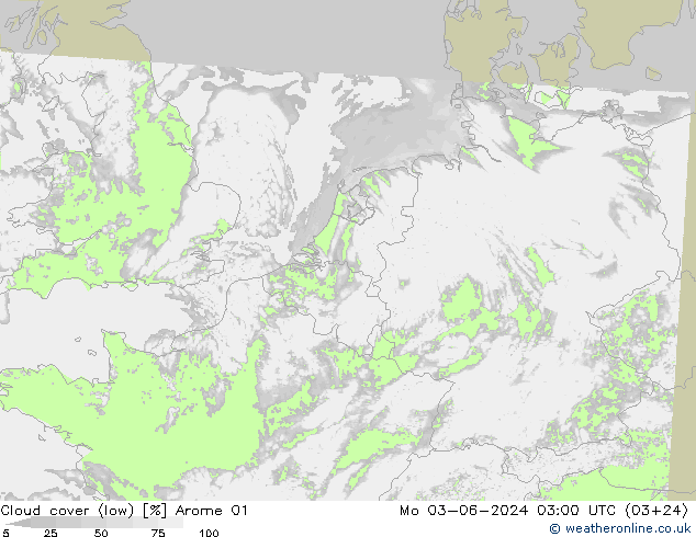 Cloud cover (low) Arome 01 Mo 03.06.2024 03 UTC