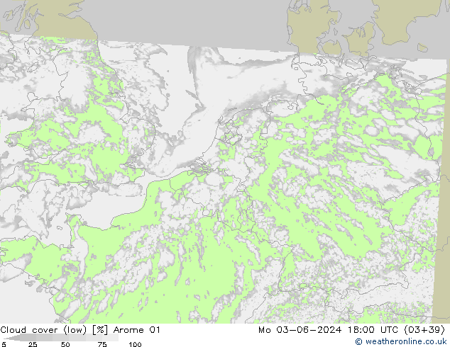 Cloud cover (low) Arome 01 Mo 03.06.2024 18 UTC