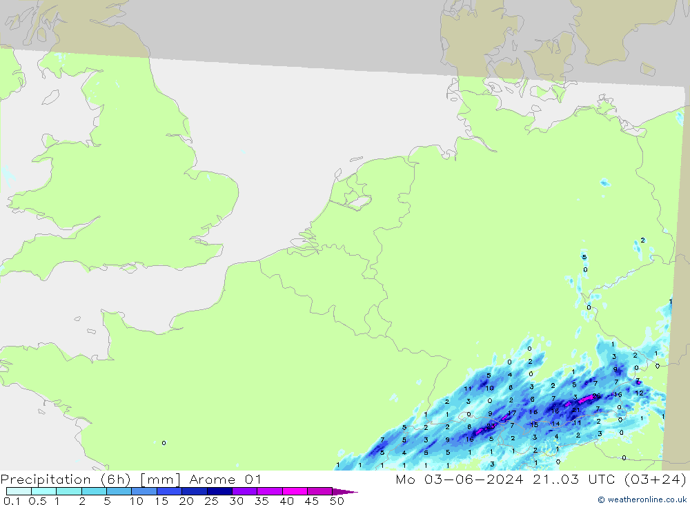 Precipitation (6h) Arome 01 Po 03.06.2024 03 UTC