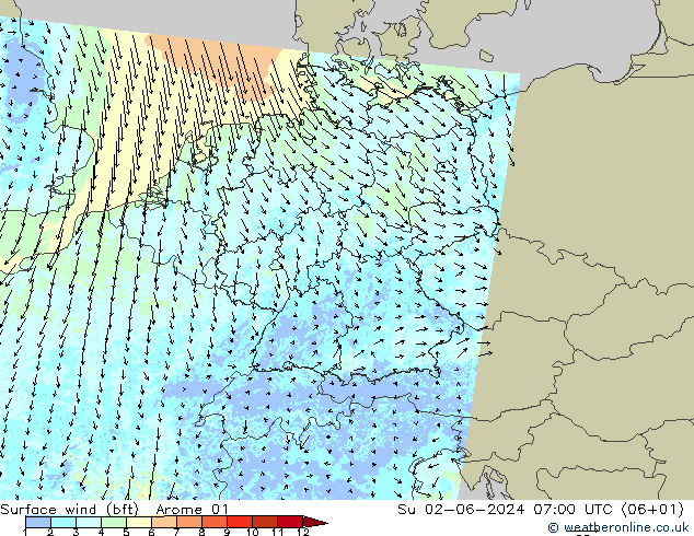 Wind 10 m (bft) Arome 01 zo 02.06.2024 07 UTC
