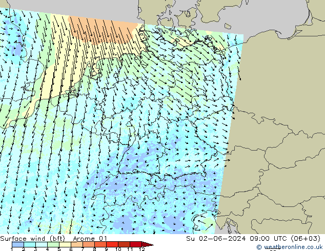 Wind 10 m (bft) Arome 01 zo 02.06.2024 09 UTC