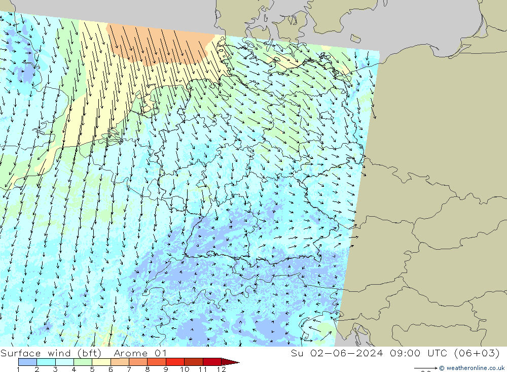 Rüzgar 10 m (bft) Arome 01 Paz 02.06.2024 09 UTC