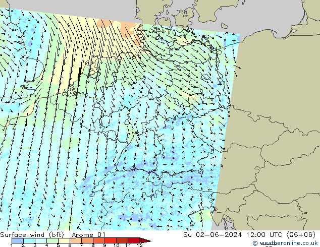 Surface wind (bft) Arome 01 Su 02.06.2024 12 UTC
