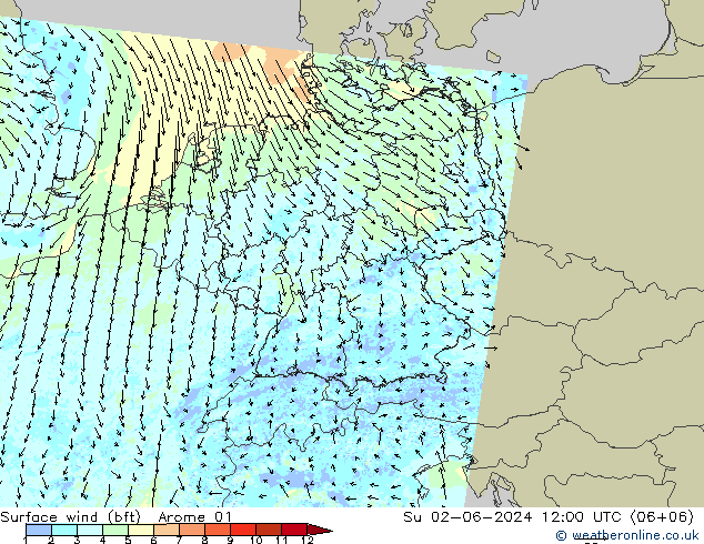  10 m (bft) Arome 01  02.06.2024 12 UTC