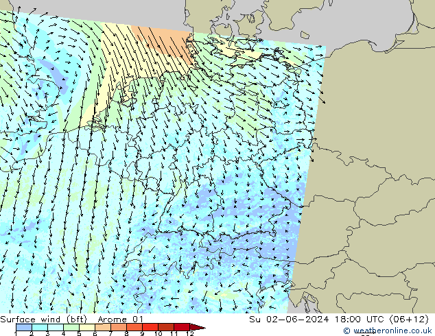 Rüzgar 10 m (bft) Arome 01 Paz 02.06.2024 18 UTC