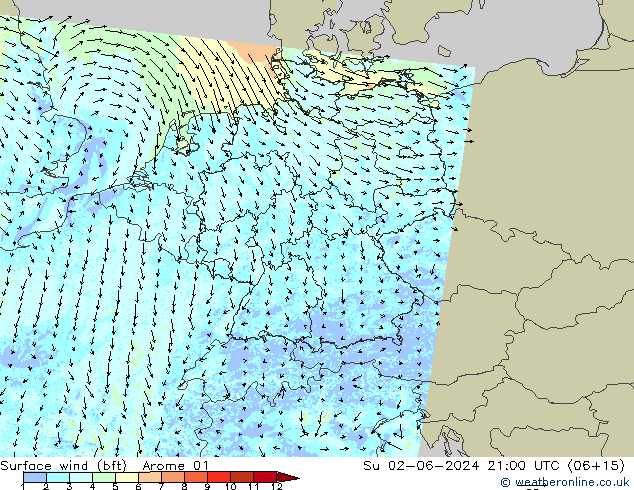 wiatr 10 m (bft) Arome 01 nie. 02.06.2024 21 UTC