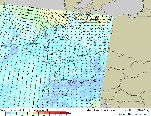 Surface wind (bft) Arome 01 Po 03.06.2024 00 UTC