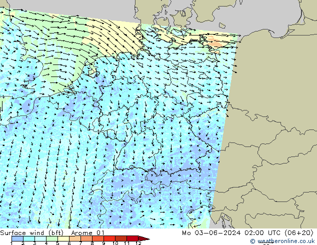 Viento 10 m (bft) Arome 01 lun 03.06.2024 02 UTC