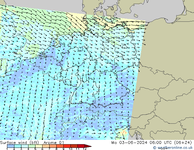 Surface wind (bft) Arome 01 Po 03.06.2024 06 UTC