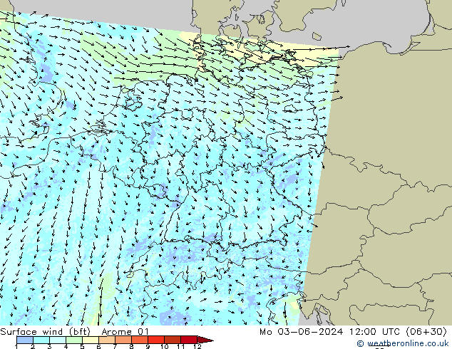 wiatr 10 m (bft) Arome 01 pon. 03.06.2024 12 UTC