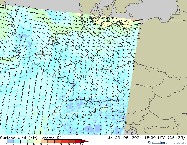 Surface wind (bft) Arome 01 Mo 03.06.2024 15 UTC