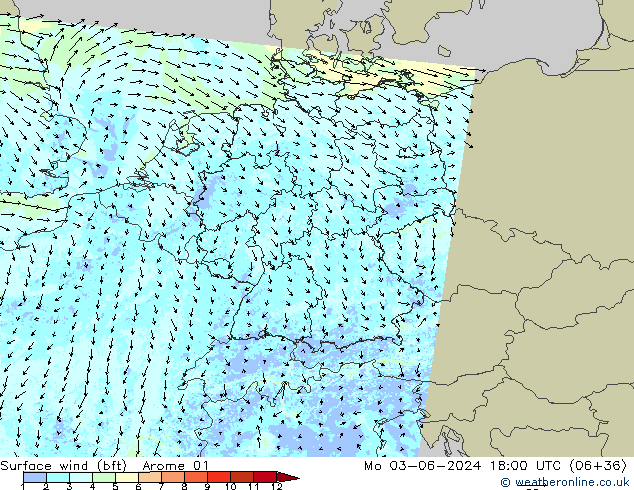 Wind 10 m (bft) Arome 01 ma 03.06.2024 18 UTC