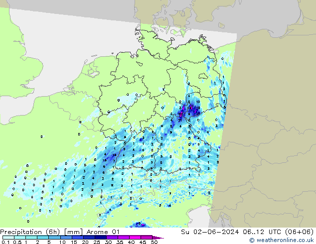 Totale neerslag (6h) Arome 01 zo 02.06.2024 12 UTC