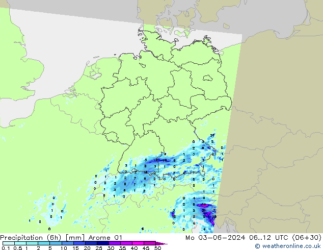 Precipitation (6h) Arome 01 Mo 03.06.2024 12 UTC