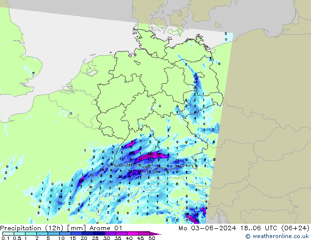 осадки (12h) Arome 01 пн 03.06.2024 06 UTC