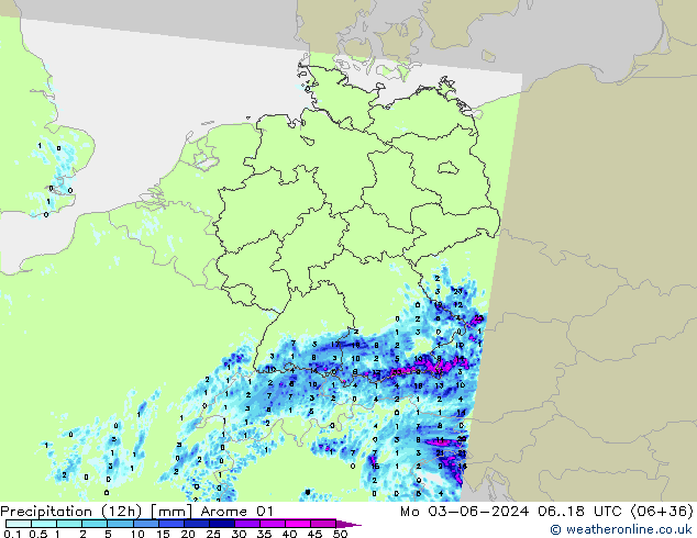 Precipitazione (12h) Arome 01 lun 03.06.2024 18 UTC