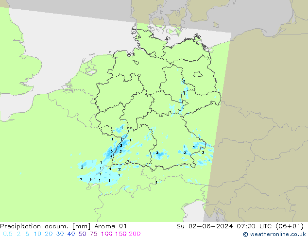 Precipitation accum. Arome 01 Dom 02.06.2024 07 UTC