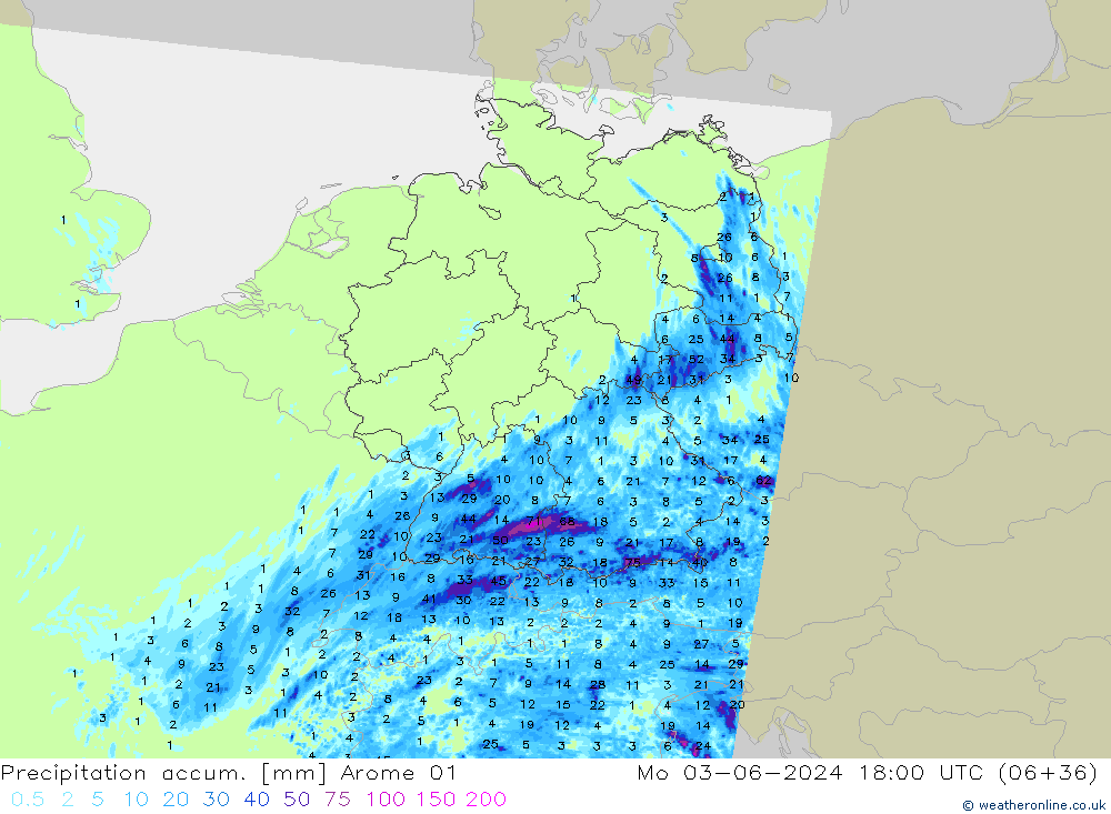 Totale neerslag Arome 01 ma 03.06.2024 18 UTC