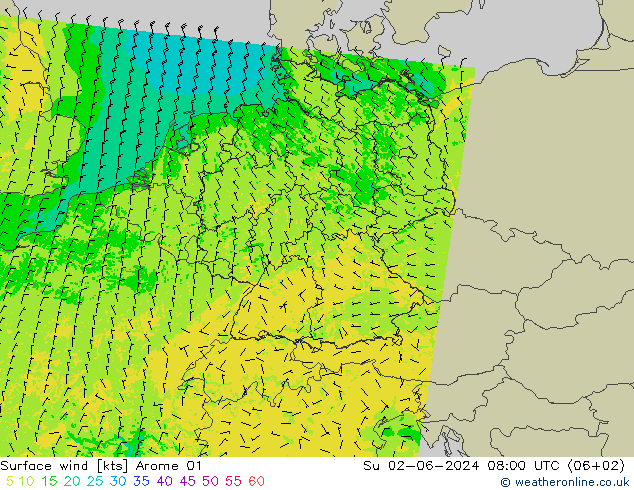 wiatr 10 m Arome 01 nie. 02.06.2024 08 UTC