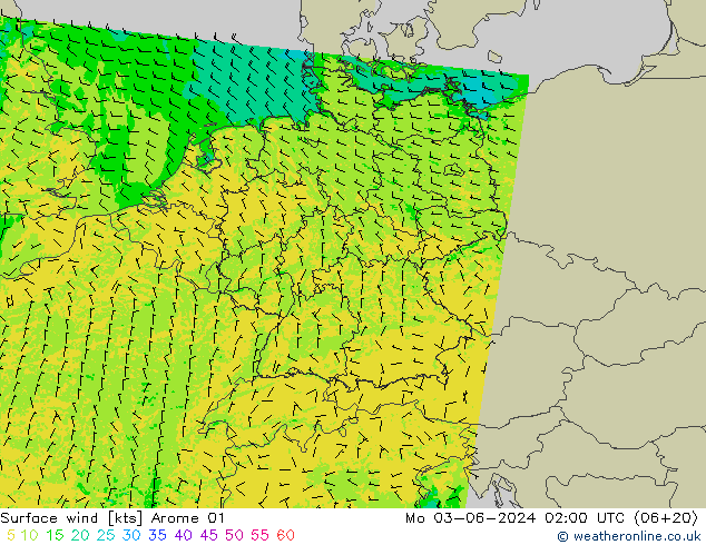 Surface wind Arome 01 Mo 03.06.2024 02 UTC