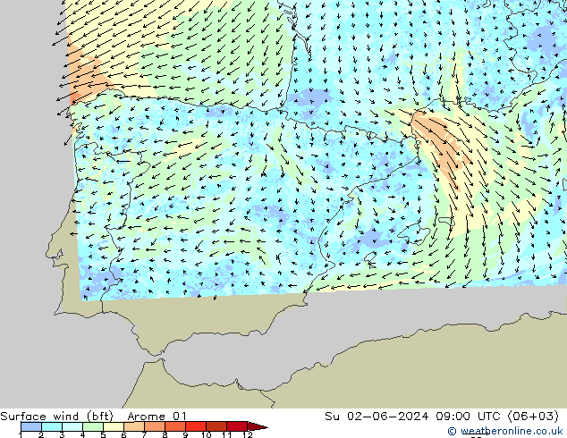 Vento 10 m (bft) Arome 01 Dom 02.06.2024 09 UTC