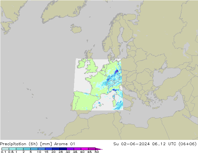 Precipitation (6h) Arome 01 Su 02.06.2024 12 UTC