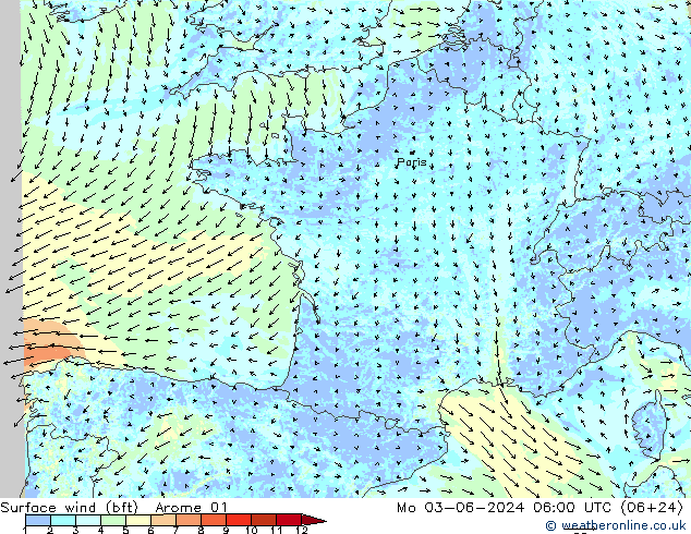 Bodenwind (bft) Arome 01 Mo 03.06.2024 06 UTC