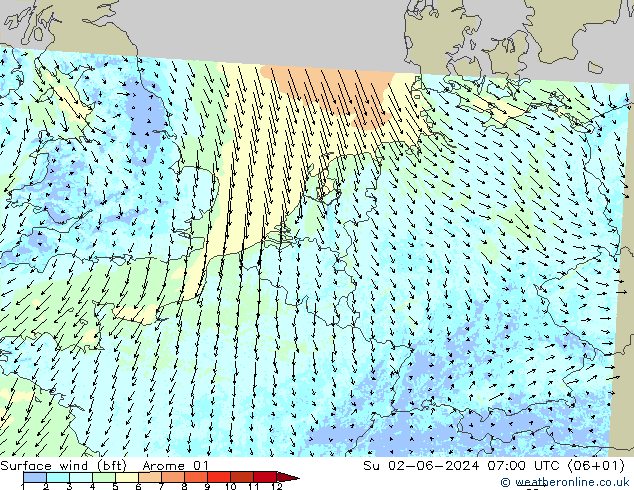 Surface wind (bft) Arome 01 Su 02.06.2024 07 UTC