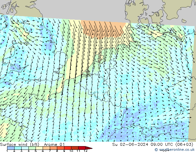 Wind 10 m (bft) Arome 01 zo 02.06.2024 09 UTC