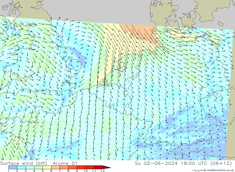 Wind 10 m (bft) Arome 01 zo 02.06.2024 18 UTC