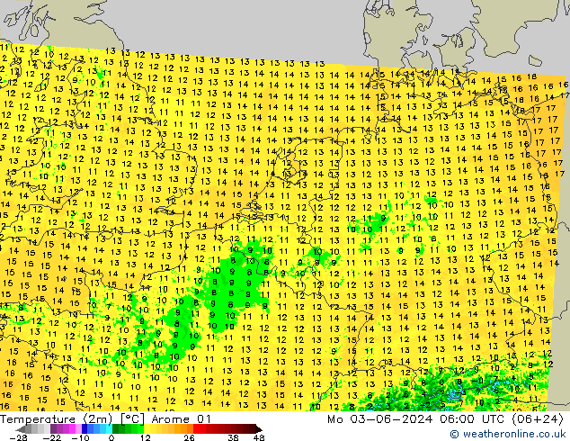 温度图 Arome 01 星期一 03.06.2024 06 UTC