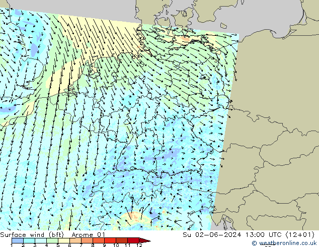 wiatr 10 m (bft) Arome 01 nie. 02.06.2024 13 UTC