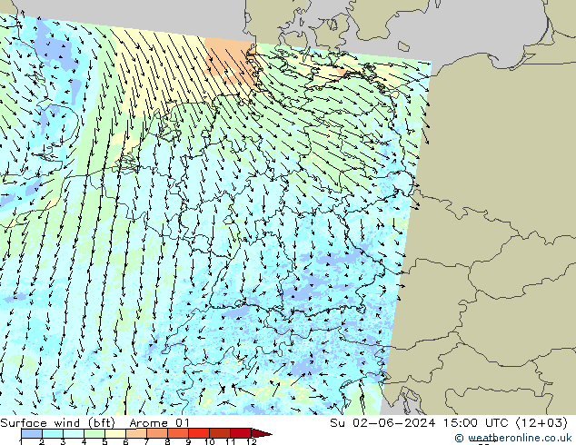  10 m (bft) Arome 01  02.06.2024 15 UTC