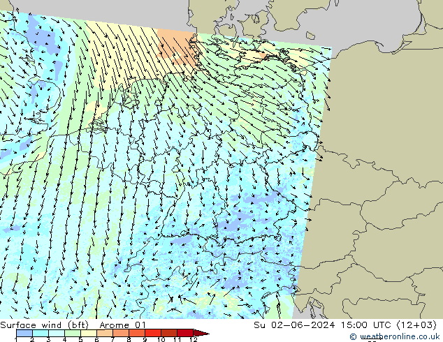 Surface wind (bft) Arome 01 Su 02.06.2024 15 UTC