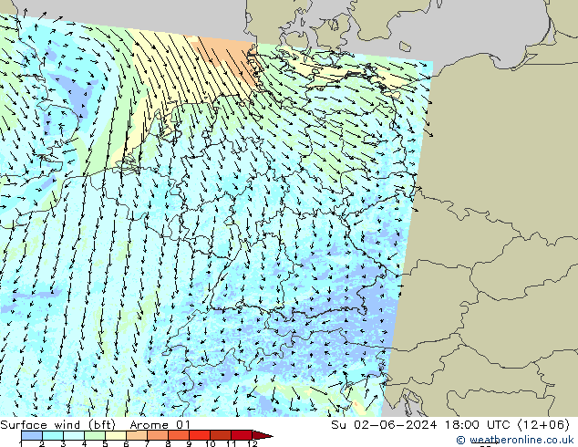 Bodenwind (bft) Arome 01 So 02.06.2024 18 UTC