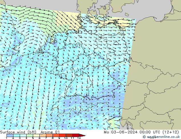 Wind 10 m (bft) Arome 01 ma 03.06.2024 00 UTC