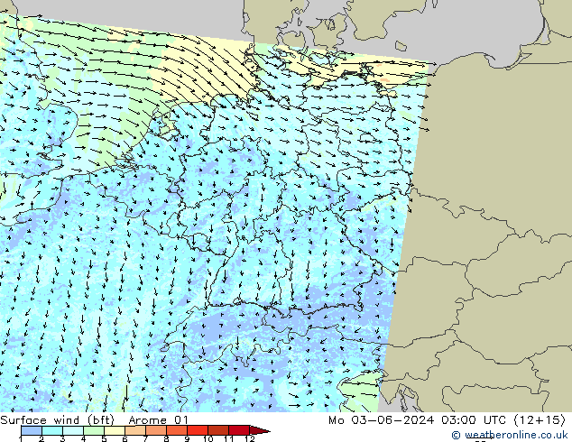 Bodenwind (bft) Arome 01 Mo 03.06.2024 03 UTC