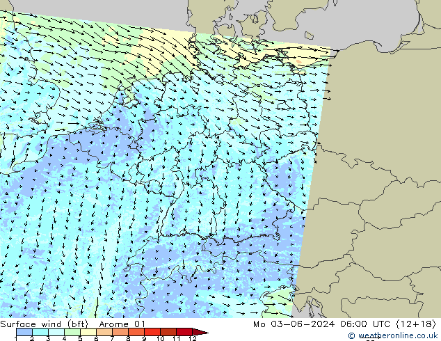 Wind 10 m (bft) Arome 01 ma 03.06.2024 06 UTC