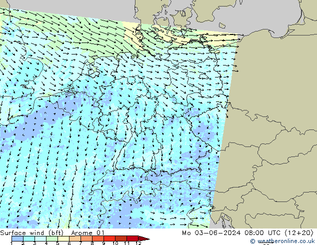Surface wind (bft) Arome 01 Po 03.06.2024 08 UTC